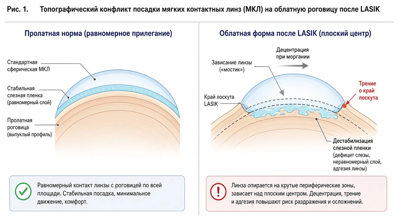 Научная схема топографического конфликта: сравнение посадки МКЛ на пролатной и оперированной облатной роговице