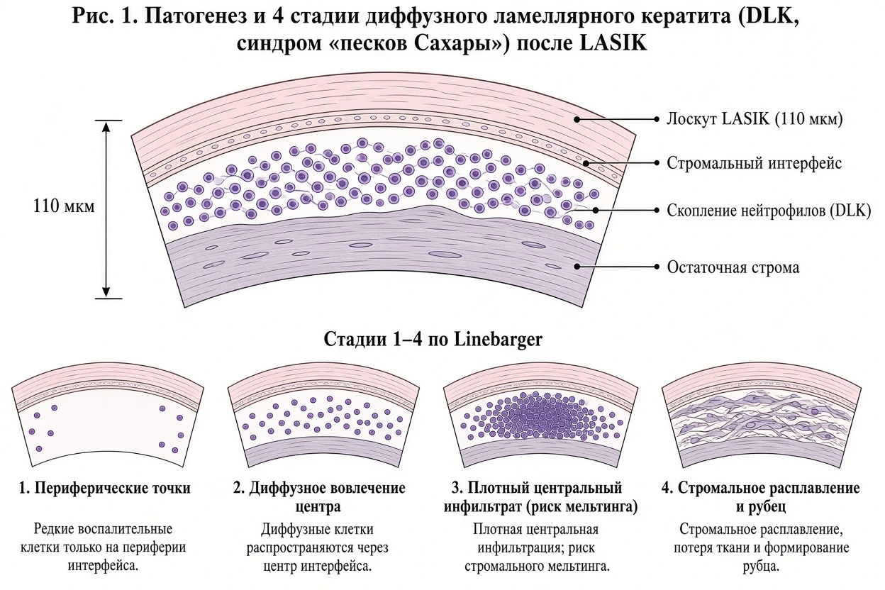Научная схема стадий диффузного ламеллярного кератита DLK («пески Сахары») в интерфейсе лоскута LASIK