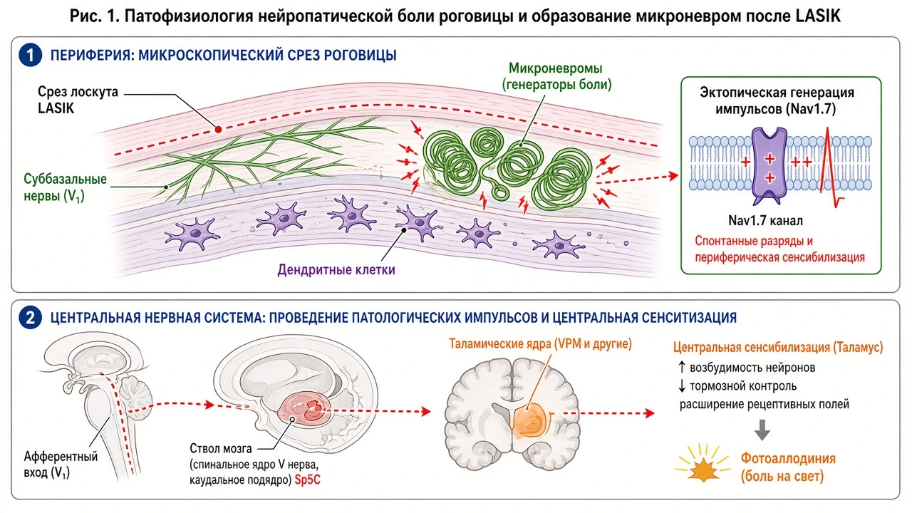 Научная схема патогенеза нейропатической боли роговицы: повреждение нервов V1, микроневромы и центральная сенсибилизация