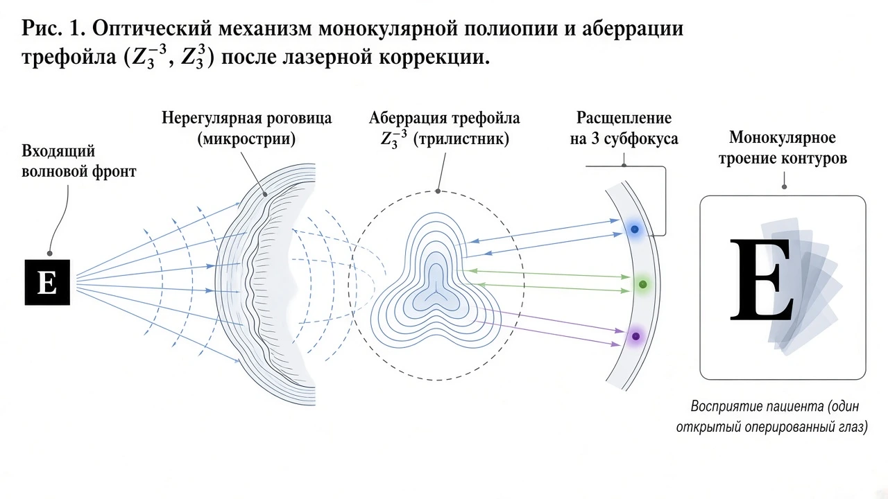 Научная схема монокулярной полиопии: аберрация трефойла Z3,-3 и расщепление волнового фронта на 3 фокуса