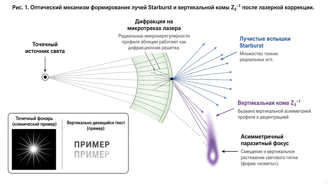 Научная схема формирования эффекта Starburst и вертикальной комы: дифракция на треках абляции и асимметрия