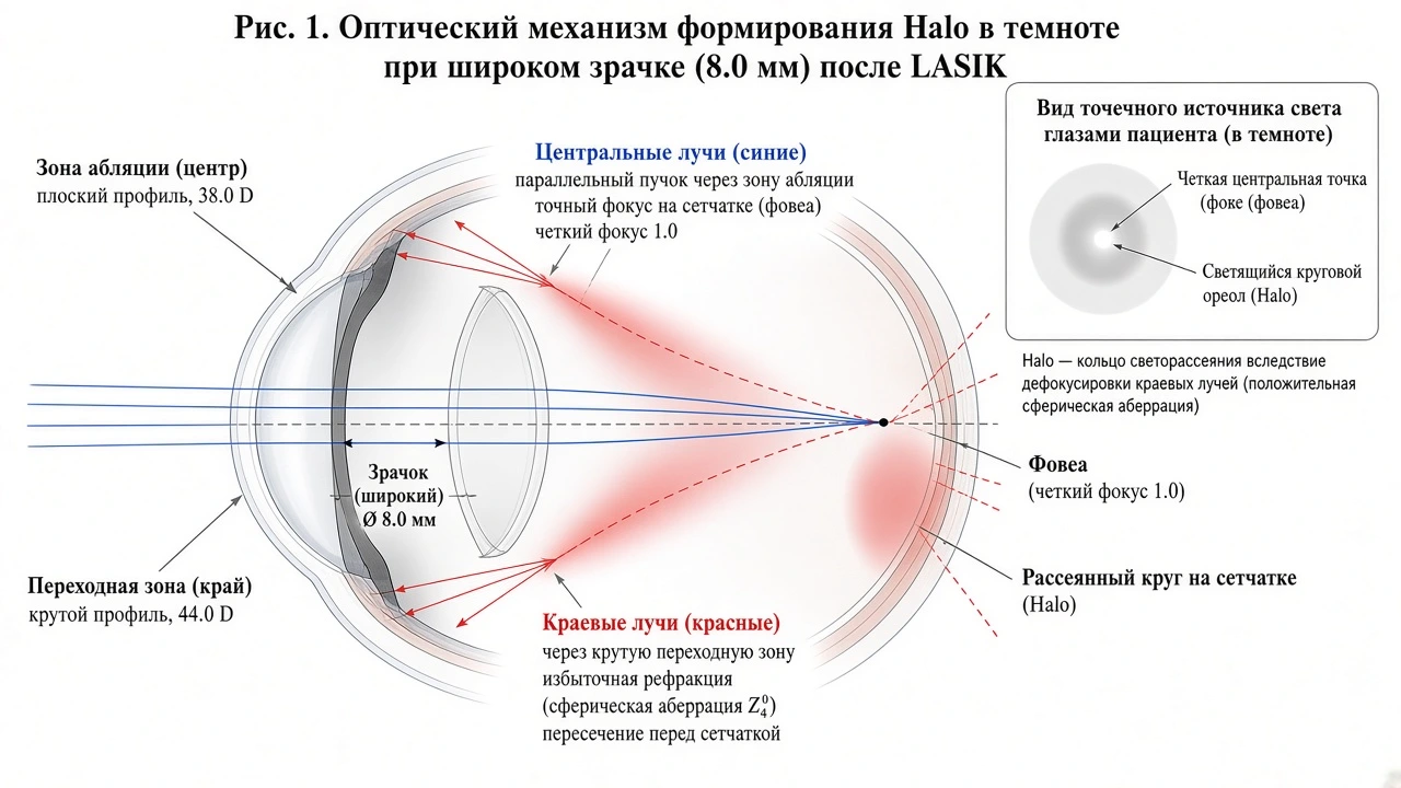 Научная схема оптического механизма формирования Halo: ход лучей, зона абляции 38 D vs переходная зона 44 D, сферическая аберрация Z4,0