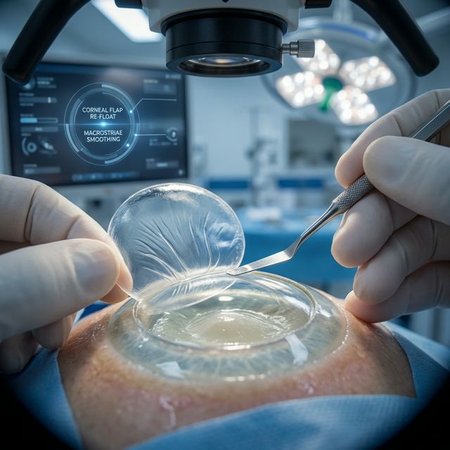 Хирургическое лечение стрий: процесс Flap-Lift и натяжения роговичного лоскута.